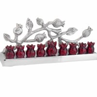 Aluminum Candle Menorah Pomegranate Design Silver Red