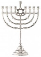 Traditional Candle Menorah with Silvertone Finish Featuring Magen David 9"