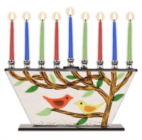 Glass Candle Menorah Hand Crafted Tree of Life Theme Branch and Two Birds Design 10"