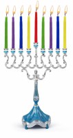 Silver Plated Candle Menorah Marbelized Design Blue 8.5" x 7"