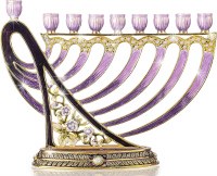 Metal Candle Menorah Jeweled Harp Motif Gold Purple 8.25"