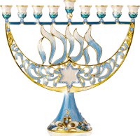 Metal Candle Menorah Star of David Design Blue Gold