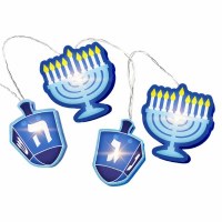 Holographic Hanukkah String Lights Dreidel and Menorah Design Blue Battery Operated 8'