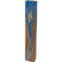 Polyresin Epoxy Mezuzah Case Rectangle Shape Wood Look Accent Gold Shin Blue 15cm