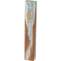 Polyresin Epoxy Mezuzah Case Rectangle Shape Wood Look Accent Gold Shin White 15cm