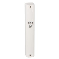 Plastic Rectangle Mezuzah Case White Designed with Raised Silver Shin 20cm