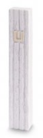 Additional picture of Polymer Mezuzah Case Deep Scored Stripes Gold Shin White 15cm