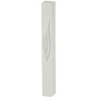 Plastic Mezuzah Case Slim Rectangle White with Silver Shin Accent 15cm