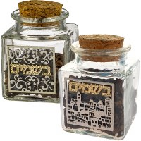 Glass Square Besamim Holder Cork Top with Metal Designed Plaque Assorted Designs Single Piece 2.4"