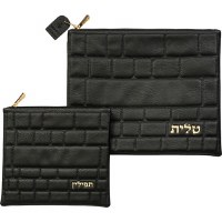 Tallis and Tefillin Bag Set Faux Leather Black Embossed Kosel Design Large Center Stone