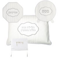 Additional picture of Pesach Set Faux Leather 4 Piece White and Silver Embroidered Lines Design