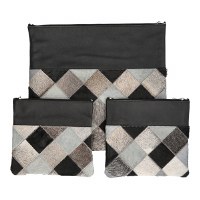 Tallis and Tefillin Bag 3 Piece Set Faux Leather Trim Fur Square Design Black Gray