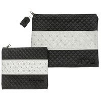 Tallis and Tefillin Bag Set Faux Leather White Stripe Quilted Design Black