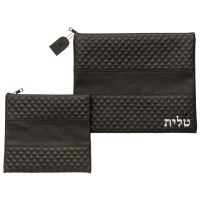 Tallis and Tefillin Bag Set Faux Leather Black Quilted Design Silver Accent