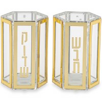 Lucite Hexagon Salt and Pepper Shaker Set Gold Line Border Design