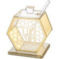 Lucite Honey Dish on Base Hexagon Shape Honeycomb Design with Honey Dipper Gold 3.4"