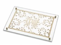 Glass Challah Tray Thick Line Border Flowing Leaves Design Gold 16.5" x 11.4"