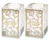 Crystal Rectangle Candle Sticks Lasercut Metal Plates Leaves Design Gold 2.95"