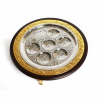 Wooden Seder Plate Gold and Silver Plated Design on Gold Legs