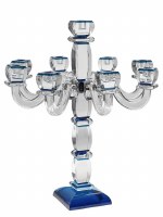 Crystal Candelabra 9 Branches Square Base Bubble Stem Blue Accent 18"