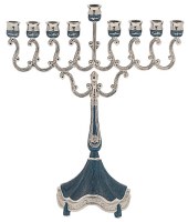 Silver Plated Menorah Elegant Branches Raised Base Blue Accent 8.5"