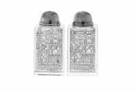 Crystal Salt and Pepper Shaker Set Silver Jerusalem Scene Design