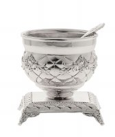 Silver Plated Salt Dish with Spoon on Legs Quilted Design 3"