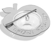 Lucite Honey Dish with Spoon Floating Apple Design Silver