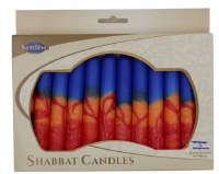Shabbos Candles Handcrafted Red Blue Layer Design 5.5" 12 Count
