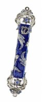 Metal Mezuzah Case Floral Star of David Design Silver Blue 5.5"