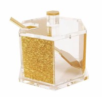 Lucite Hexagon Honey Dish with Spoon Glitter Design Gold