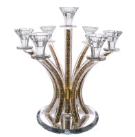 Crystal Candelabra 7 Branch Gold Stones in Stems Round Base 13.5"