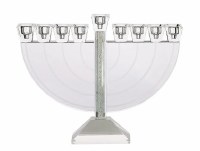 Glass Menorah Ornate Design Crushed Gemstones in Stem Square Base Silver 9.4" H