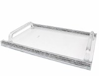 Crystal Tray Clear Handles Accented with Silver Gemstones in Stems Border 16.5" x 11.75"