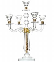 Crystal Candelabra 5 Branch Classic Style Designed with Gold Colored Crystals in Stem Accented with 3 Crystal Balls Round Base 17.5"
