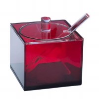 Lucite Square Colored Honey Dish with Spoon Red 3"