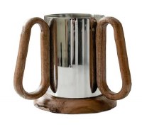 Stainless Steel Round Wash Cup Wood Handles and Base 6.6"