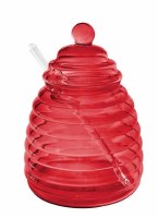 Glass Honey Dish Hive Design with Spoon Red