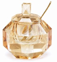 Additional picture of Glass Jewel Honey Dish Diamond Cut with Spoon Amber 4"