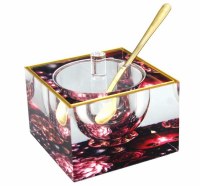 Lucite Square Honey Dish Velvet Orchard Design Gold Trim 3"