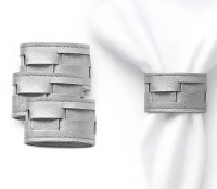 Faux Leather Napkin Rings Woven Design Silver 4 Pack