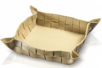 Faux Leather Square Napkin Holder Woven Design Gold 7"