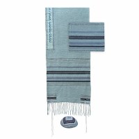 Yair Emanuel 3 Piece Tallit Set Classic Stripe Design Embroidered Atara Blue Stripes on Blue