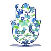 Yair Emanuel Standing Hamsa Small Size Hand Painted Blue Birds Design 4"