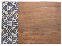 Yair Emanuel Wooden Challah Board with Knife Painted Edge Design Floral Tile