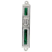 Pewter Emerald Green Mezuzah Case Jeweled Clear Crystal Design with Shin - 7 cm