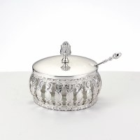 Silvertone Honey Dish with Glass Insert and Metal Spoon Traditional Design