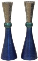 Candlesticks Nickel Plated Hammered Design Silver Teal and Blue 7"