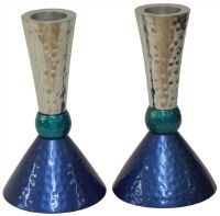 Candlesticks Nickel Plated Hammered Design Silver Teal and Blue 4.75"