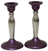 Candlesticks Nickel Plated Hammered Design Purple and Silver 5.25"